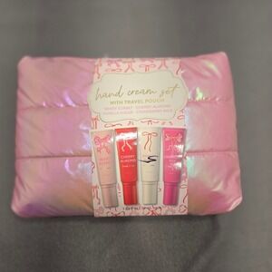 Enchante Hand Cream Set with Pink Iridescent Quilted Travel Pouch 4 Scents NEWL